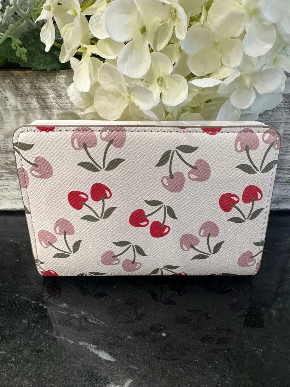 🍒🍃Nanette Lapore Clarra Wallet Cherry Hearts Pink Stripe NWT Bifold Wallet - Picture 2 of 7